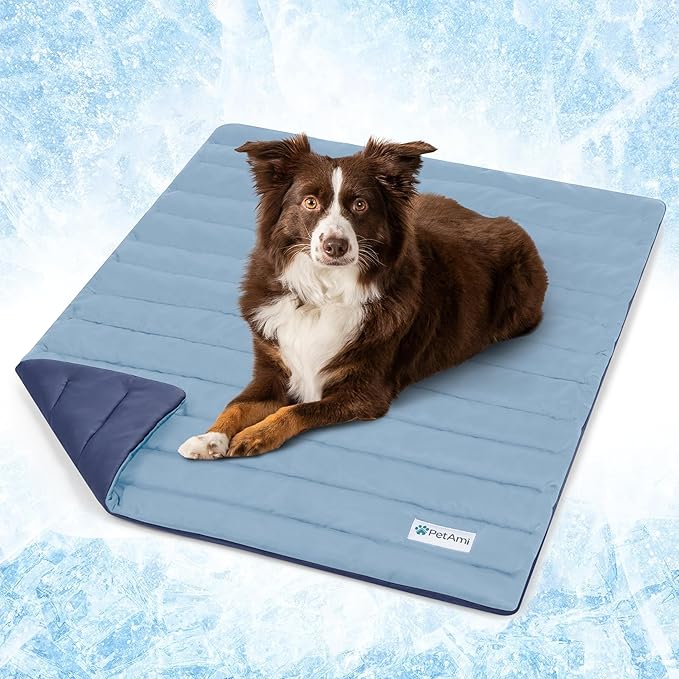 PetAmi Cooling Mat for Dog, Premium Pet Cooling Blanket for Crate Kennel, Indoor Cat Cool Sleeping Pad, Q-MAX Cold Sofa Couch Cover for Summer, Navy/Dusty Blue, Small (24x32)