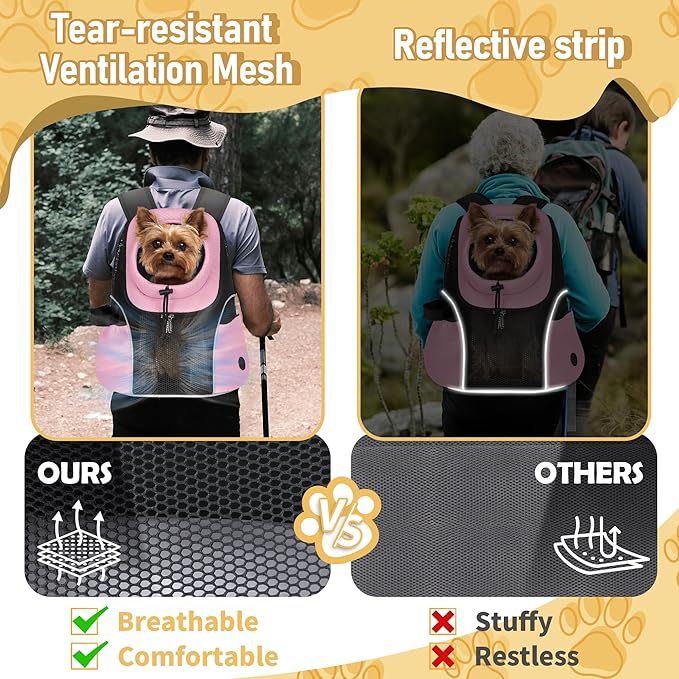 WOYYHO Pet Dog Carrier Backpack Small Dog Front Backpack Ventilated Mesh Dog Travel Back Pack with Safety Belt for Travel Hiking Cycling Outdoor Adventures (Size L: 10-14 lbs, Pink)