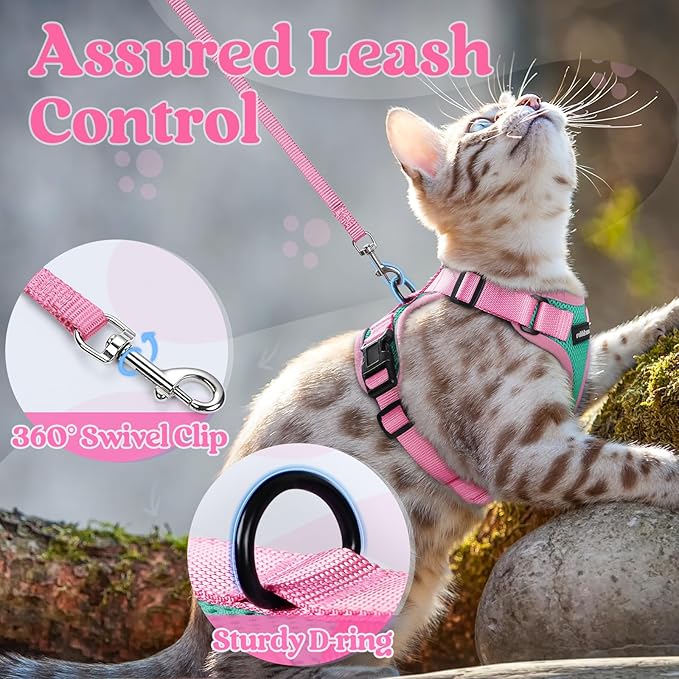 rabbitgoo Cat Harness and Leash Set, Escape Proof Soft Adjustable Vest Harnesses for Outdoor Walking, Easy Control Breathable Kitten Jacket with Reflective Strips, Green & Pink, XXS