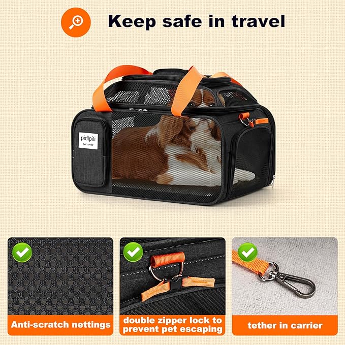 18x13.5x9 TSA Approved top and 1 Side Expandable pet Carrier for Small Dog Puppy cat up to 8 lbs Weight, for Spirit Southwest Airlines with Double Zipper Locks and 2 Pockets.