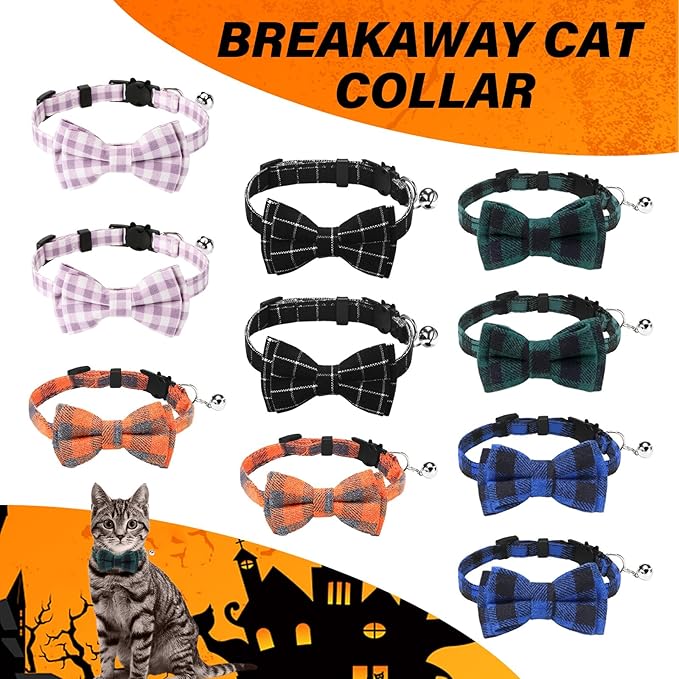 10 Pcs Cat Collar Breakaway with Bow Tie and Bell Kitten Collars Removable Bowtie Plaid Cat Collar for Cats Kittens Puppy Halloween Decor