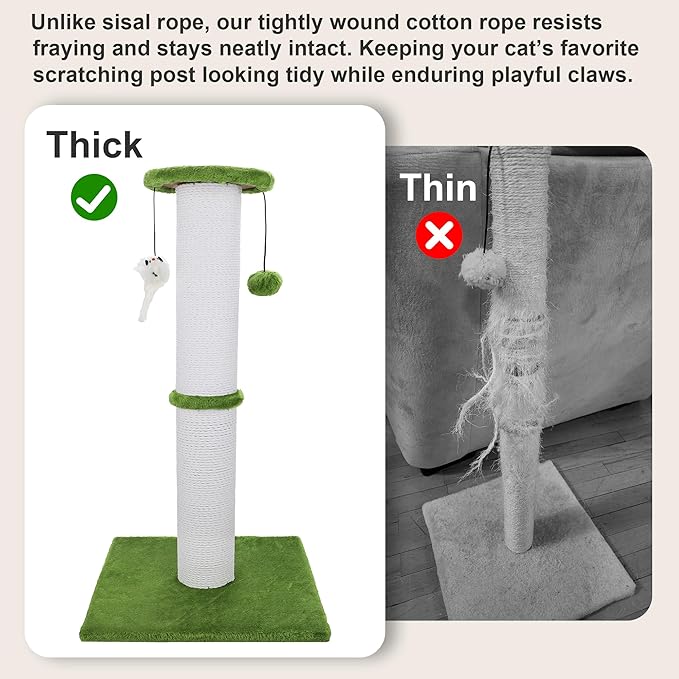 Cat Scratching Post 34 Inches Heavy Duty and Thicker Cat Scratching Post Sisal Rope with Hanging Ball and Mice Scratching Post for Indoor Cats and Adult(Bright Green)