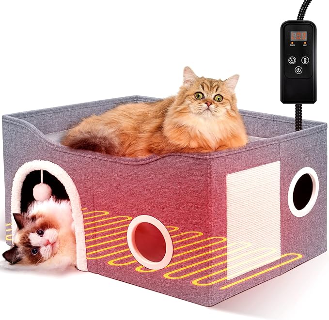 Indoor Heated Cat House, Adjustable Temperature Cat Heating Bed with Timer and Chew Resistant Cord, Large Cat House with Heating Pad for Small Medium and Large Cats
