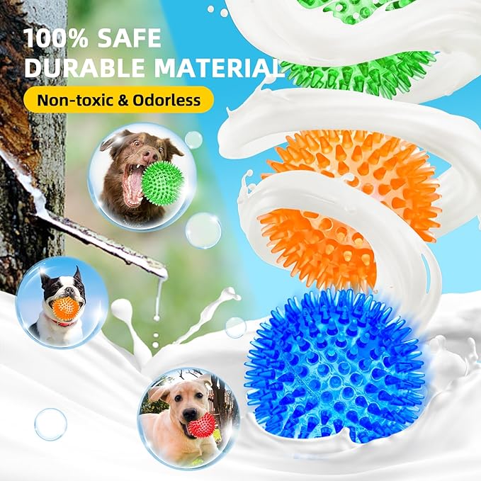 SHARLOVY 3'' Squeaky Balls for Small Dogs, 4 Colors Spiky Dog Balls for Puppy Teething, Durable Puppy Chew Toys for Teething, Indestructible Toys to Fetch and Train, BPA Free Non-Toxic