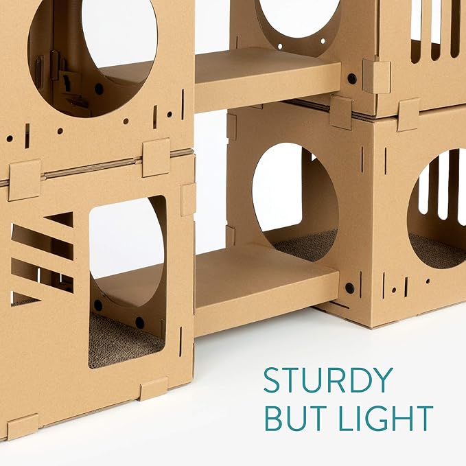 Navaris Modular Cardboard Cat House - DIY Corrugated Cardboard Configurable Play Tower Condo for Small Cats, Kittens, Rabbits - 4 Cubes with 2 Bridges