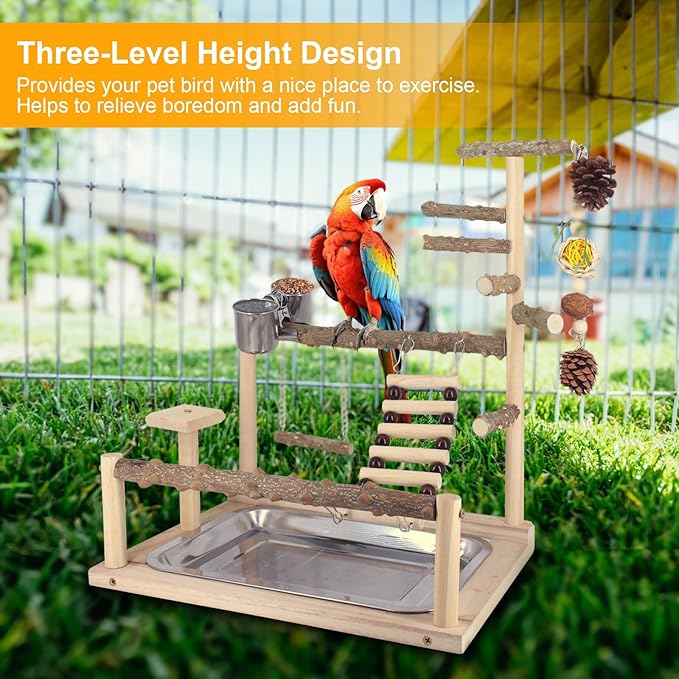 Bird Playground Natural Parrot Toys Perch Stand Cockatiel Swing with Chew Toys Parrot Platform with Feeder Cups Parakeet Playground Bird Cage Play Stand for Conure Parakeet Cockatiel