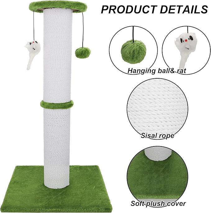 Cat Scratching Post 34 Inches Heavy Duty and Thicker Cat Scratching Post Sisal Rope with Hanging Ball and Mice Scratching Post for Indoor Cats and Adult(Bright Green)