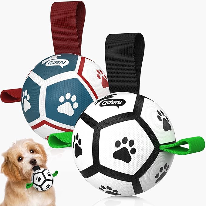 QDAN 2 Pack Small Dog Toys, 3.5 Inch Puppy Balls, Dog Balls with Straps for Small Breed, Soccer Ball for Dogs, Puppy Toys, Dog Birthday Gift