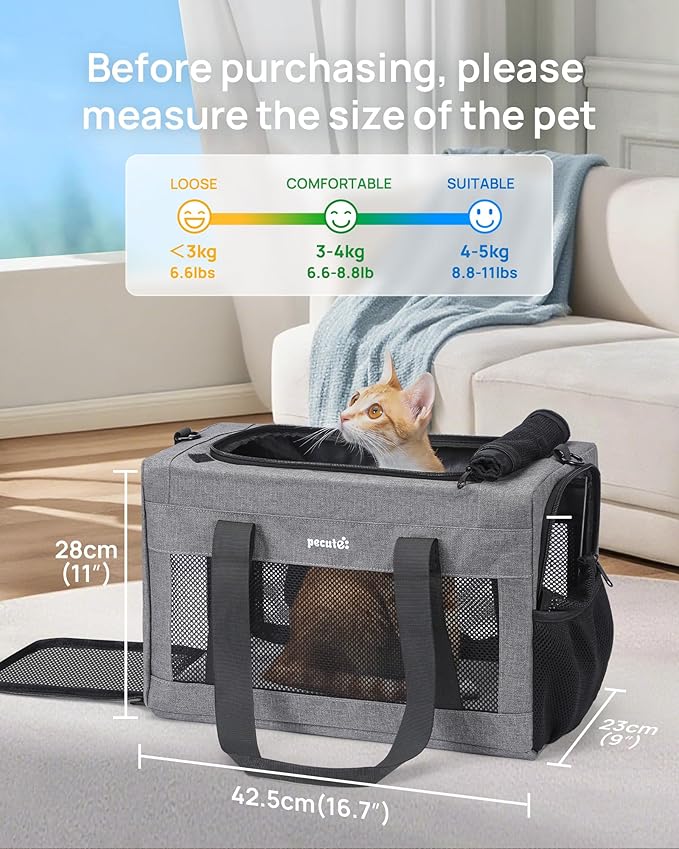 Airline Approved Cat Carrier, Pet Carrier Soft-Sided, Portable Dog Carrier with Stable Structure, TSA Approved Pet Carrier for Pets Less Than 12lbs, Cat Carrier Bag Suitable for Travel, Gray
