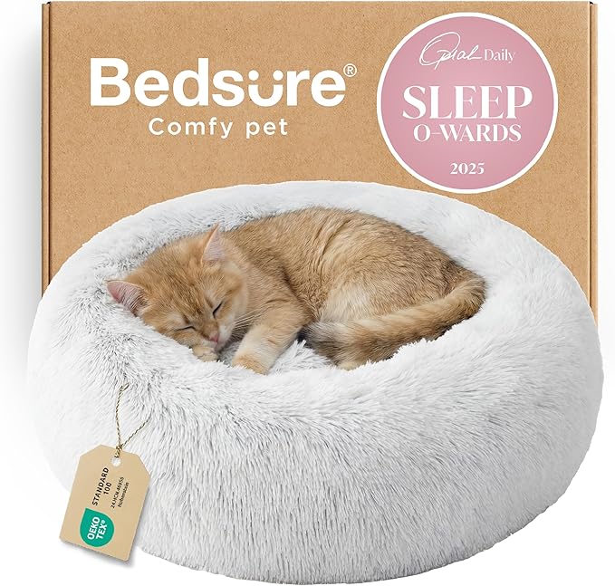 Bedsure Calming Cat Beds for Indoor Cats - Small Cat Bed Washable 20 inches, Anti-Slip Round Fluffy Plush Faux Fur Pet Bed, Fits up to 15 lbs Pets, Frost Grey