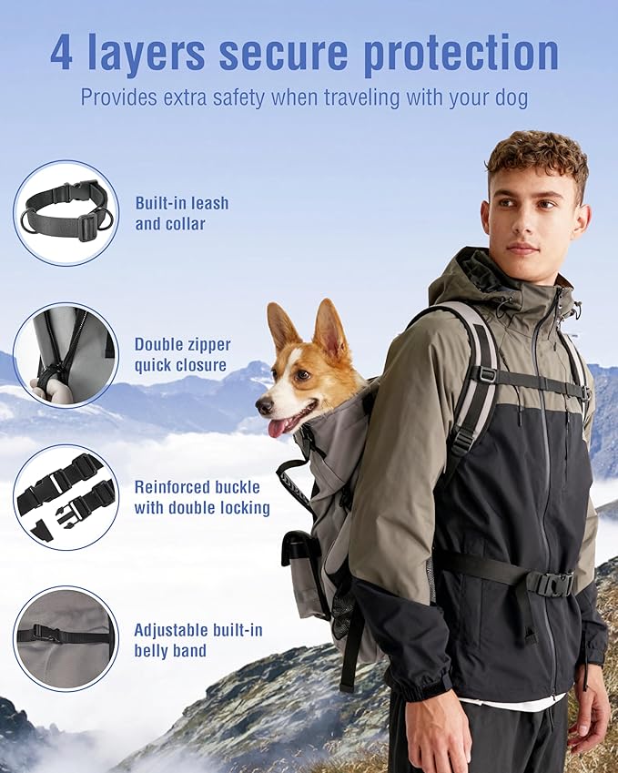 Dog Backpack for Small & Medium Dogs – 4-Layer Safety Pet Carrier with Thick Shoulder Straps, Detachable Waist Bag, Breathable Mesh & Storage Pockets for Travel & Hiking