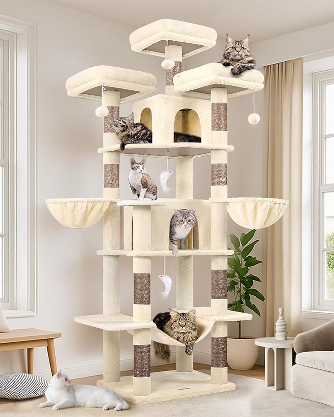 Globlazer Big Cat Tower for Indoor Cats, 80inch Cat Tower for Multiple Adult Cats XXL Cat Tree with Scratching Post, Hammock, 3 Perches, 2 Condos, 2 Hanging Basket, F80, Beige
