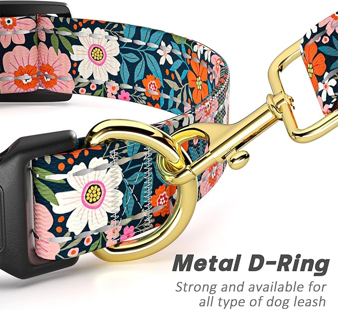 Reflective Dog Collar for Small Dogs, Cute Flower Theme Adjustable Heavy-Duty Nylon Puppy Collar for Boy and Girl Female, Soft Pet Accessories with Quick Release Buckle, Elegant Floral