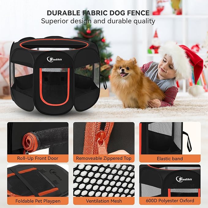 Dog Playpen, Puppy Pet Playpens Indoor for Medium Dogs Tent Crates Cage Indoor/Outdoor, Portable Pop Up Dog Kennel Playpen with Carrying Case for Dogs/Cats/Rabbits, Black