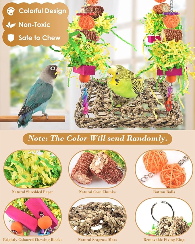 ERKOON Conure Toys, Bird Cockatiel Toys Foraging Swing Mat Parrot Climbing Hammock Wall with Colorful Toys for Birds Shredding Seagrass, Birds Cage Toy Accessories