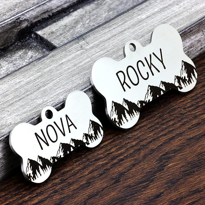 Ultra Joys Stainless Steel Pet ID Tag Dog Name Tags Personalized Front and Back Engraving, Customized Dog Tags and Cat Tag, Optional Engraved on Both Sides, Bone Tag Mountain Design, Silver Large