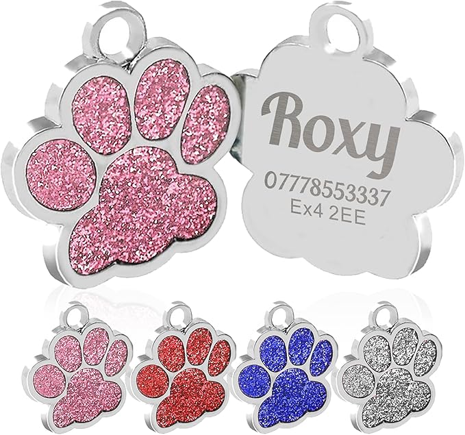 EDSG Cat Dog Tags Personalized for Pets, Dog Name Tags Cat Name ID Tag, Engraved Dog Tags Dog ID Tags Small Glitter Bling ID Tag Paw Print for Cat Pet Dog Puppy(Pink,Design 1)