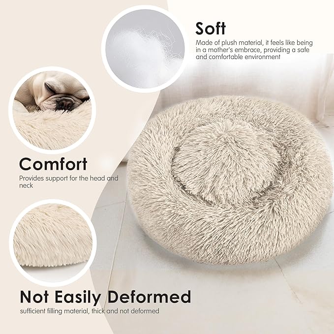 Dogs Bed for Small Dogs, Anti-Anxiety Washable Round Bed (Light Brown, 24.0" L x 24.0" W x 8.0" Th)