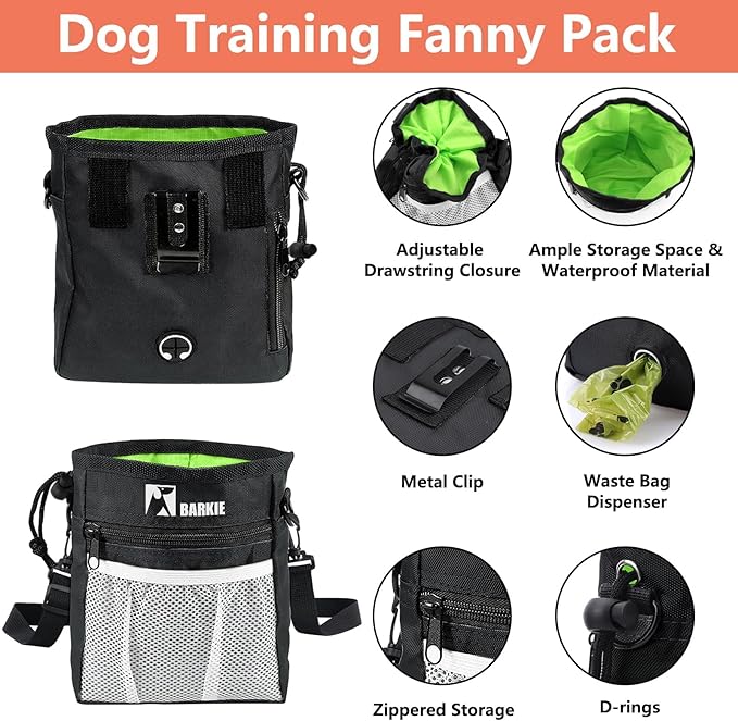 BARKIE Dog Training Kit - Treat Pouch, Pet Training Fanny Pack, 2 Puppy Training Clickers, Ultrasonic Silent Whistle, 2-in-1 Whistle Clicker, Clicker Training Guide Booklet, Dog Poop Bag (Black)