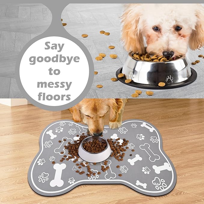 Dog Cat Food Mat, Rapid Absorbent Pet Feeding Placemat, Bone Shaped With Rubber Backing, No Stains Indoor, Pet Accessories Supplies 17"29" Grey