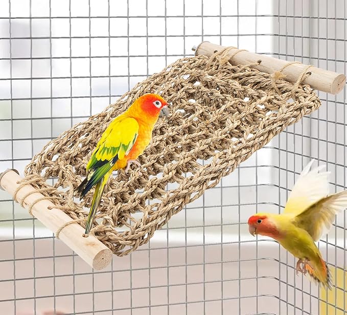 FlidRunest Conure Ladder Perch for Cage, Bird Seagrass Ladder Bridge Exercise Stands, Natural Hand-Woven Parrot Net Climbing Chewing Hammock, Cage Accessories for Lovebird Conure Budgie Parakeet