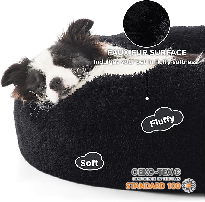 Bedsure Calming Dog Bed for Large Dogs - Donut Washable Large Pet Bed, 36 inches Anti-Slip Round Fluffy Plush Faux Fur Dog Bed, Fits up to 80 lbs Pets, Black