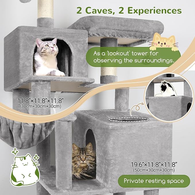 Globlazer Cat Tree Tower, 76-Inch Extra Tall Multi-Level Cat Furniture with Cozy Condos, Hammock and Perches for Adult Cats, Perfect for Climbing, Scratching, and Play, F76, Light Grey