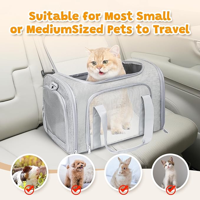 Cat Carrier Soft for Pets Up to 15 Lbs, Cat Travel Bag Soft-Sided with Padded Shoulder Strap, Pet Dog Carriers for Small Dogs Travel Puppy Carry Airline Approved, Grey
