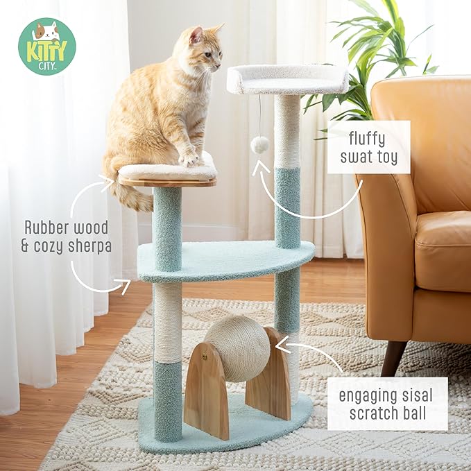 Kitty City Triple Perch Wooden Cat Tower with Scratching Posts & Hanging Toys, Modern Multi-Level Indoor Cat Furniture with Sherpa Beds