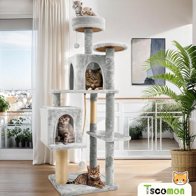 58.5inch Large Cat Tree Tower Condo for Indoor Cats, Soft Plush Multi-Level Climbing Tree Cat House, Scratching Post, More Entrance/Exit, Sisal Rope, Light Grey