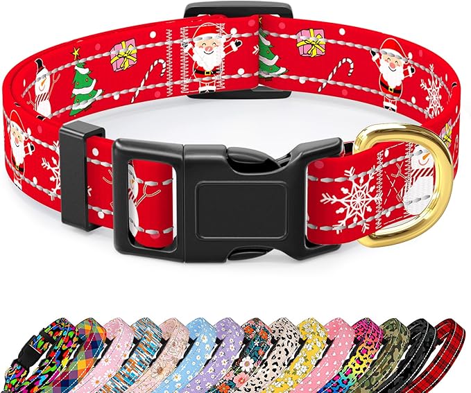 Reflective Dog Collar - Cute Christmas Style for Small Dogs, Soft Nylon Puppy Collar with Adjustable Size and Quick Release Buckle - Red XS