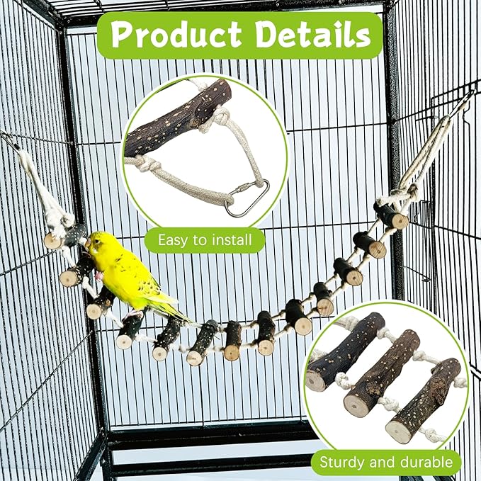 BNOSDM Birds Rope Ladder Toy 2Pcs Wooden Bird Hanging Ladders Pet Climbing Ladder Swing Parakeet Cage Accessories Suit for Budgie, Lovebird, Conure, Cockatoo, Finch