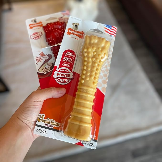 Nylabone Power Chew Textured Knuckle Bone - Dog Toys for Aggressive Chewers - Peanut Butter Chew Toy - Large Dog Chew Toys - Peanut Butter Flavor, X-Large - Over 50 Ibs. (1 Count)