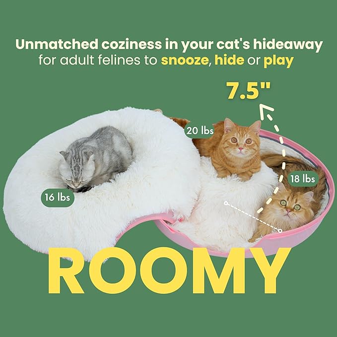 CATTASAURUS Peekaboo Cat Cave for Multiple & Large Cats Up to 30-45 Lbs, Fluffy Cat Beds for Indoor Cats, Scratch Detachable & Washable Tunnel Bed, Comfy Donut Cave (Pink, Large (Calming))