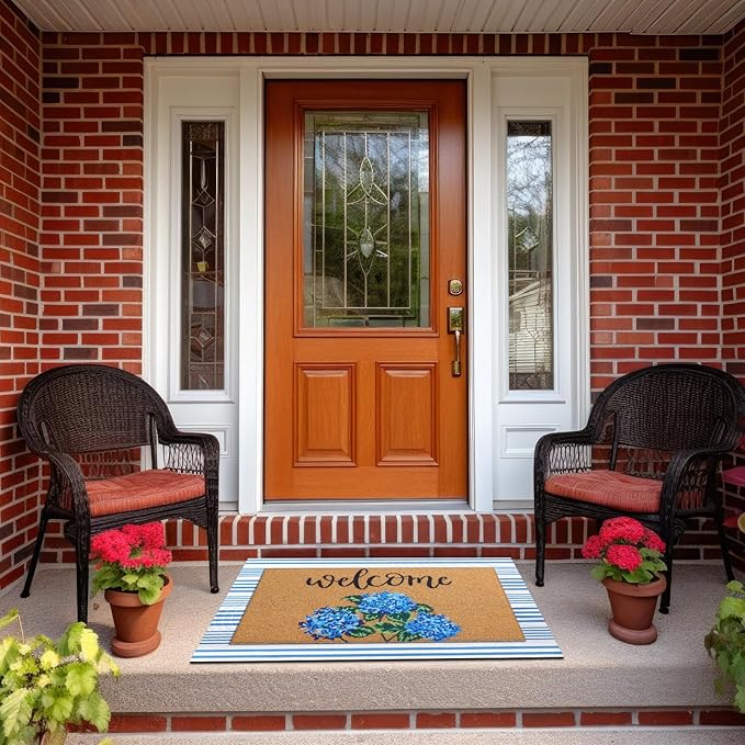 Tinideya 2 Pcs Hydrangea Door Mat Blue and White Stripe Welcome Non Slip Flower Coir Mats Floor Layering Floral Doormats Seasonal for Front Porch Entryway Decor(Blue Flower)