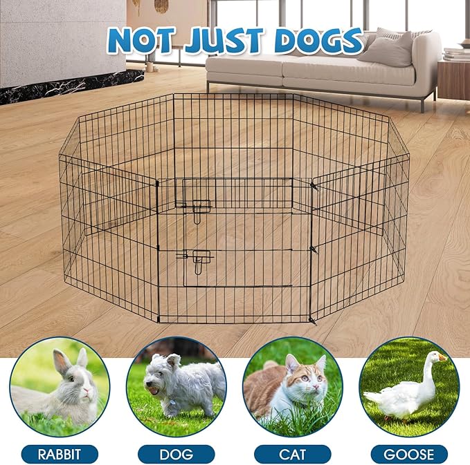 Dog Pen Pet Playpen Dog Fence Indoor Foldable Metal Wire Exercise Puppy Play Yard Pet Enclosure Indoor Outdoor 8 Panels 24 Inch with Bottom Pad/Top Cover (Black with top Cover)
