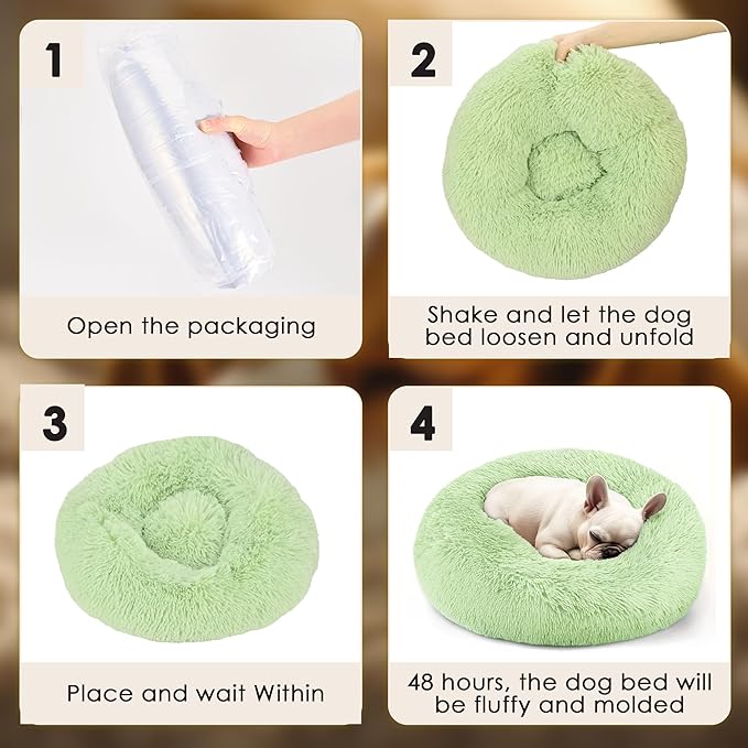 Hoewina Dog & Cat Bed, 20in Cat Beds for Indoor Cats, Calming Donut Bed for Puppy and Kitten, Washable Round Fluffy Pet Bed for Small Medium Dogs and Cats (Green)