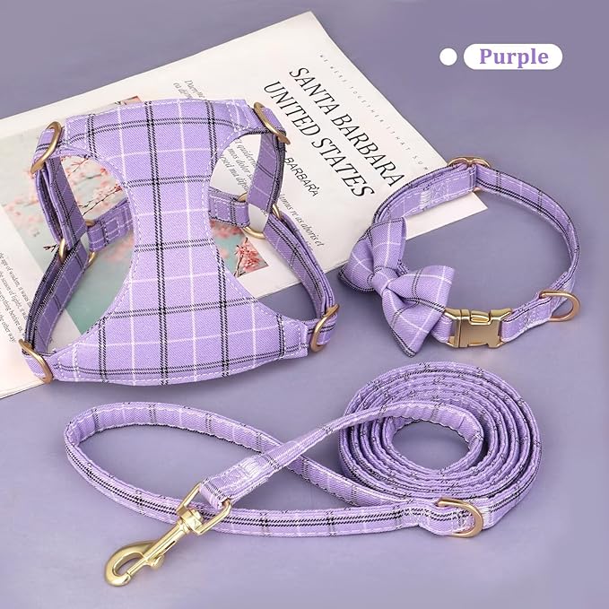 Beirui Cute Extra Small Dog Harness Collar and Leash Set with Bowtie, Soft Adjustable Plaid Puppy Harness for Small Sized Dogs Cats Walks Parties and Photoshoots(Purple,XXS:Chest 12-14")