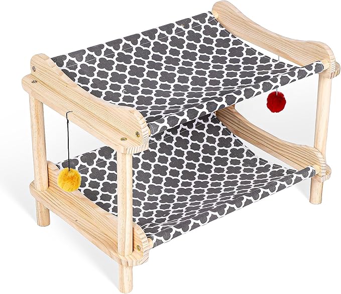 2-Layer Cat Hammock Bed, 24"x15.7"x16.3" Elevated Cat Bed with Pine Wood Frame, Breathable Washable Covers, Wooden Pet Furniture for Indoor Cats and Small Animals (Grey-2)