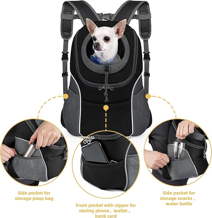 WOYYHO Pet Dog Carrier Backpack Small Dog Front Backpack Ventilated Dog Carrier Back Pack with Storage Pockets, Adjustable Straps & Safety Belt for Travel Hiking Outdoor (Size L: 10-14 lbs, Black)