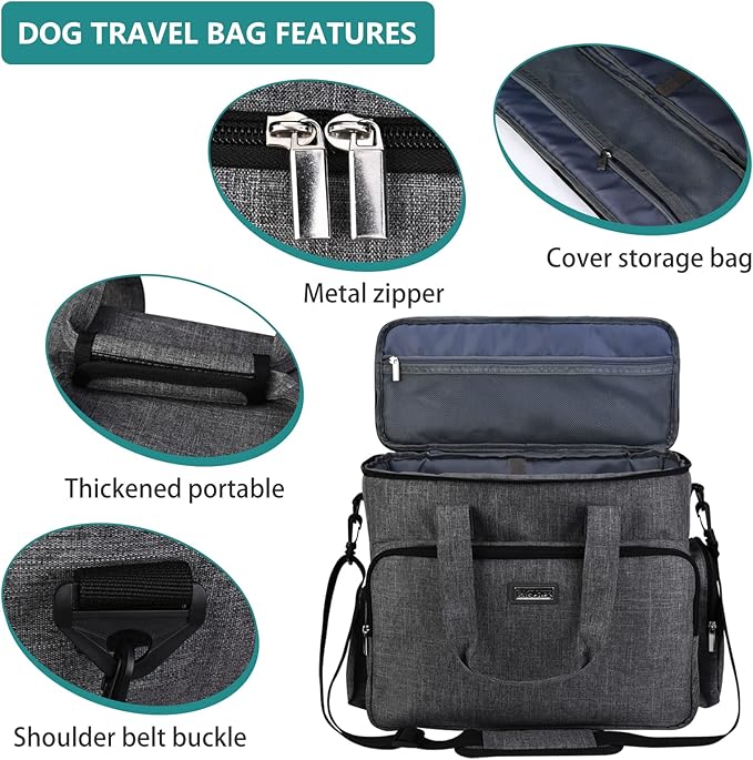 BAGLHER Dog Travel Bag, Airline Approved Pet Tote Organizer with Multi-Function Pockets, 2 X Food Storage Containers and 2 X Collapsible Bowls, Perfect Weekend Pet Travel Set for Dog, Cat Grey