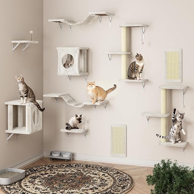 NUNU LAB Cat Wall Shelves, 10-in-1 Wall-Mounted Cat Furniture Set, Large Cat Climber Set with House, Bridge, Steps, Scratcher, DIY Playground, Shelves for Indoor Wall Furniture Set - Beige