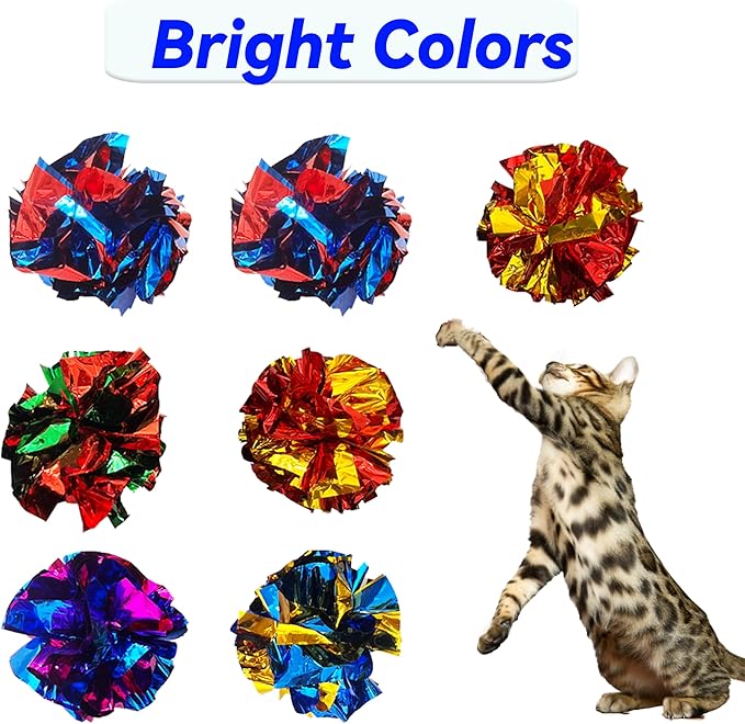 Cat Crinkle Ball Toys 10 Packs for Indoor Cats to Kill Time and Keep Fit, 2.3 Inch Colorful Mylar Crinkle Balls Attract Cats to Swat, Bite, Hunt, Interactive Toys for Cats and Kittens