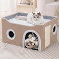 Cat Houses for Indoor Cats - Large Cat Bed Cave with Scratch Pad and Fluffy Ball, Foldable Cat Condo Hideaway with Reversible Cushion for Multi Small Pet, Khaki