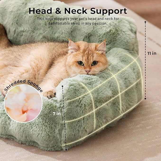 Small Dog Sofa - Orthopedic Cat Sofa Bed for Indoor Cats, Fluffy Faux Fur Dog Couch with Supportive Egg Foam, Cute Pet Couch Bed Removable Washable Cover and Non-Slip Bottom, Ivory White