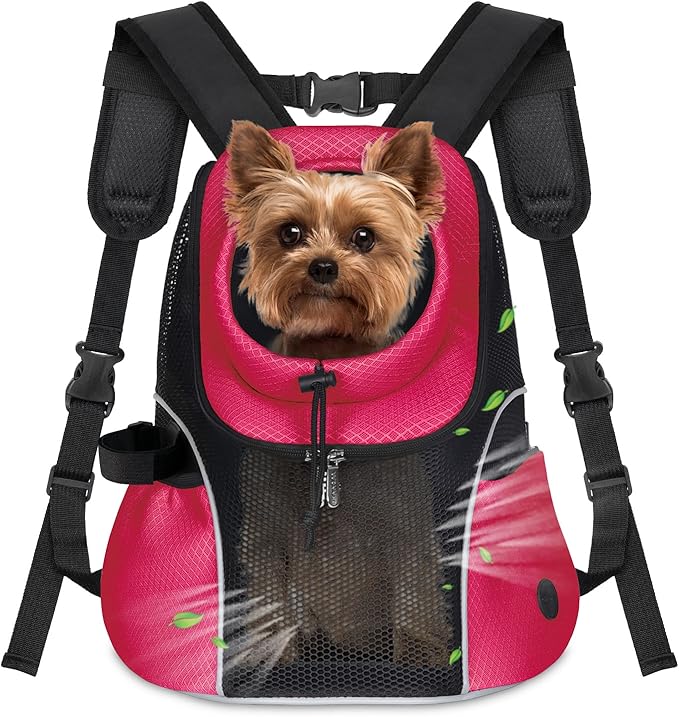 WOYYHO Pet Dog Carrier Backpack Small Dog Front Backpack Ventilated Mesh Dog Travel Back Pack with Safety Belt for Travel Hiking Cycling Outdoor Use (M (5-9 lbs), Rethink Pink)