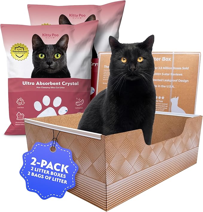 Kitty Poo Club Leakproof Disposable 2-Pack Cat Litter Box with 2 Bags Silica Litter | Superior Odor Control & Recyclable Design | Perfect for Travel, Multi-Cat Homes & Daily Use