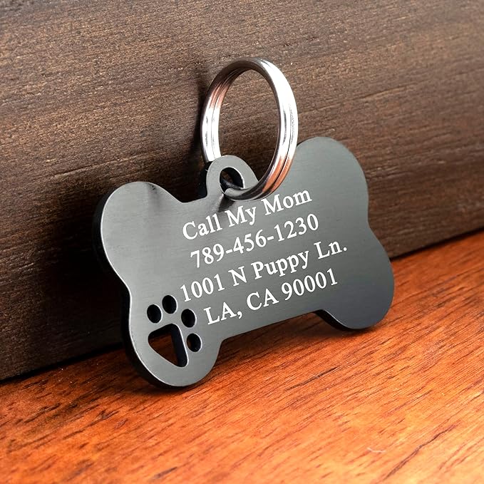 Ultra Joys Dog Tags Personalized for Pets - Hollow Paw Custom Pet ID Tag - Engraved Dog Tag for Small, Large Dogs - Small Bone in Black