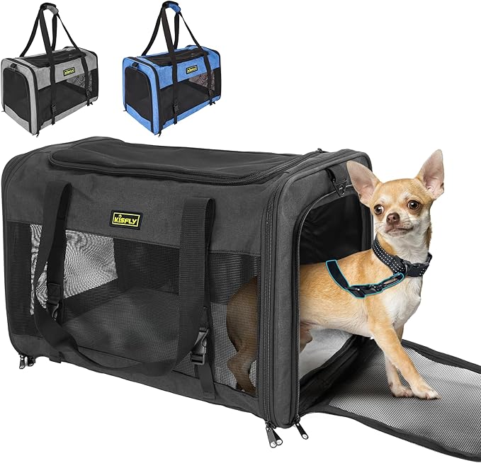 Small Dog Carrier for Puppies, Rabbits, Cat Carrier Soft, Foldable Travel Bag, Fits Pets up to 25lbs, Car Seat Belt Compatible, Ideal for Car Road Trips, Anti-Scratch Mesh, 20x13x13 in, Black