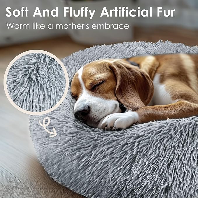 Hoewina Dog & Cat Bed for Indoor Cats, 20in Calming Donut Bed for Puppy and Kitten, Washable Round Fluffy Pet Bed for Small Medium Dogs and Cats (Light Grey)